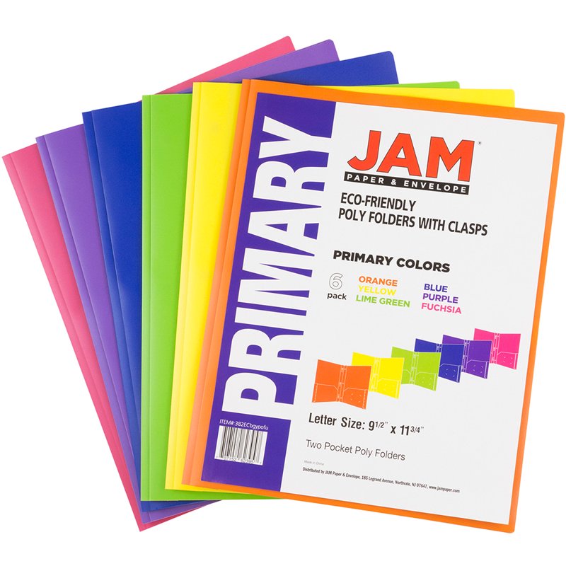 2-Pocket Plastic Folder with Clasps - Assorted Colors, 9.5 x 11.75 Inches, Pack of 6