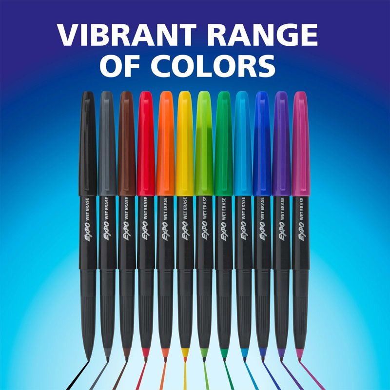 Wet-Erase Markers with Ultra Fine Tip - Black, Box of 12 for Reusable Surfaces