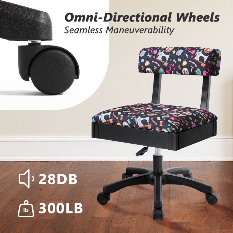 Adjustable Height Sewing Chair with Wheels & Under Seat Storage - Craft Room Furniture