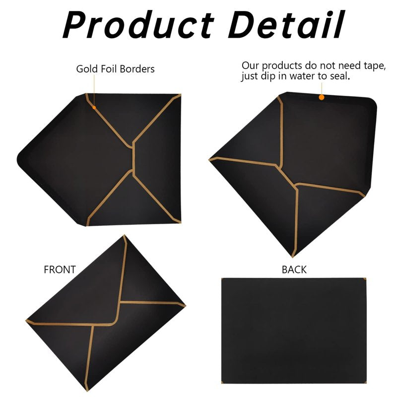 50 Pack A7 Invitation Envelopes Black V-Flap Gold Border 5x7 Inch for Weddings and Events