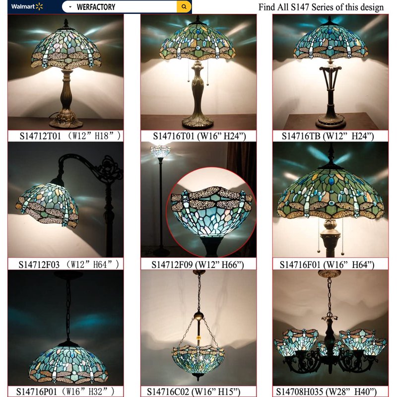 Large 24-Inch Sea Blue Tiffany Table Lamp with Stained Glass Dragonfly Design