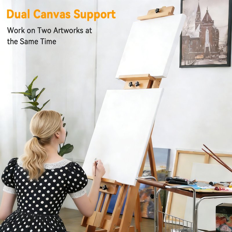 Professional Studio Art Easel with Adjustable Height and Wheels - Beechwood