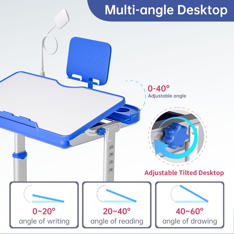 Kids Study Desk and Chair Set with Adjustable Height, LED Lamp, Tilt Desktop, Storage Drawer