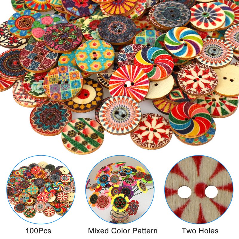 Vintage Wooden Flower Buttons for Sewing & Crafting - 100pcs 25mm