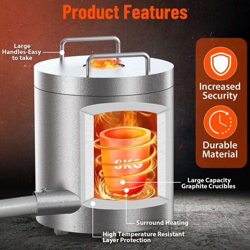 6KG Propane Melting Furnace Kit with Crucible & Tongs for Metal Smelting