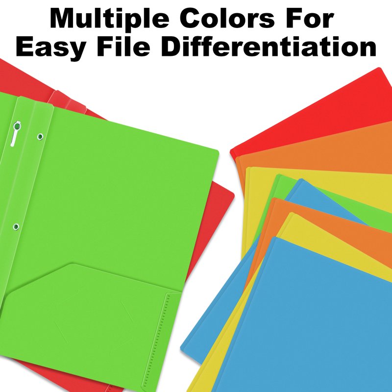 Colorful 10-Pack Plastic Folder with 3 Prongs & Pockets - Office & Classroom Document Holders