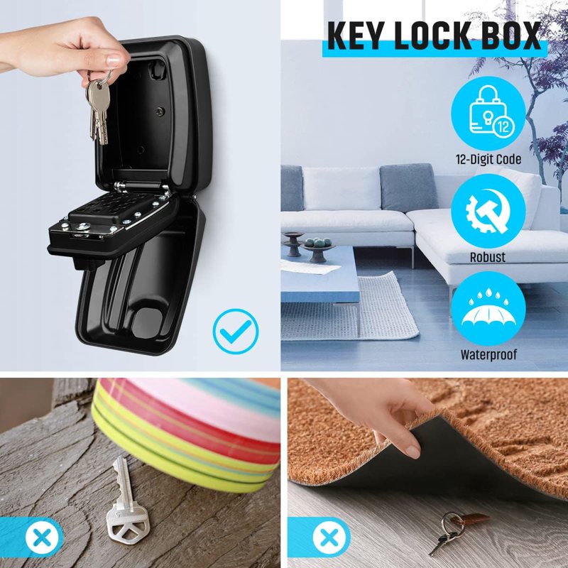 Waterproof Wall Mount Key Lock Box for Outdoor Security - 12 Digit Combination, Large Capacity