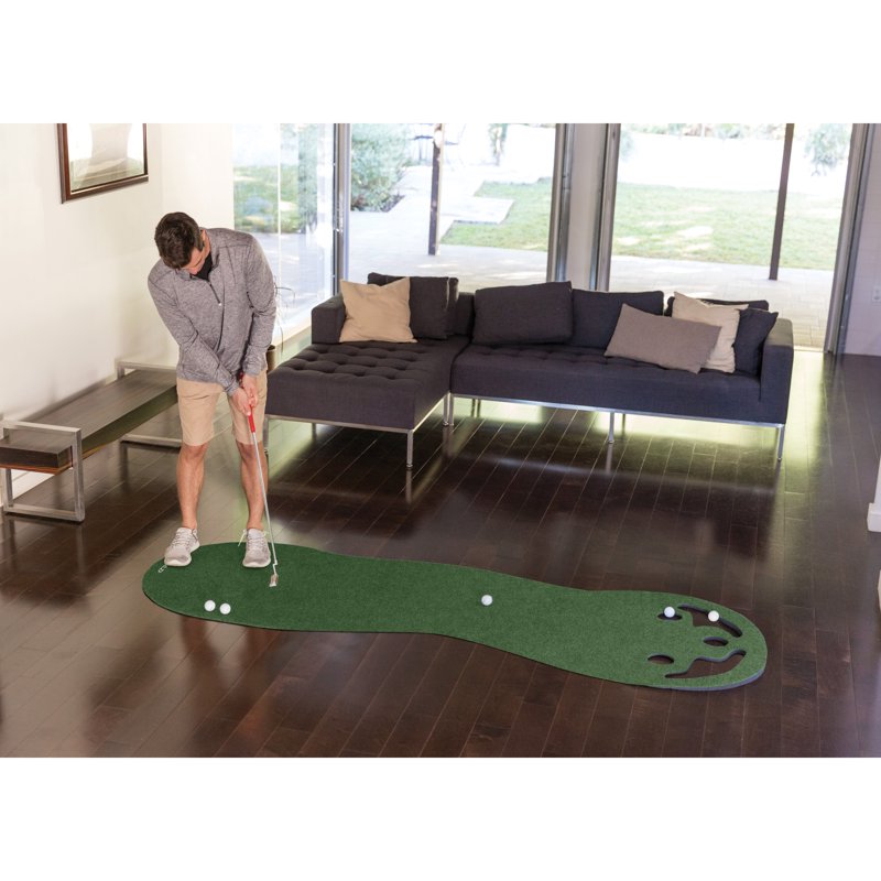 Indoor Putting Green Mat - 3x9 Ft Golf Practice Surface with 3 Holes & Bunkers