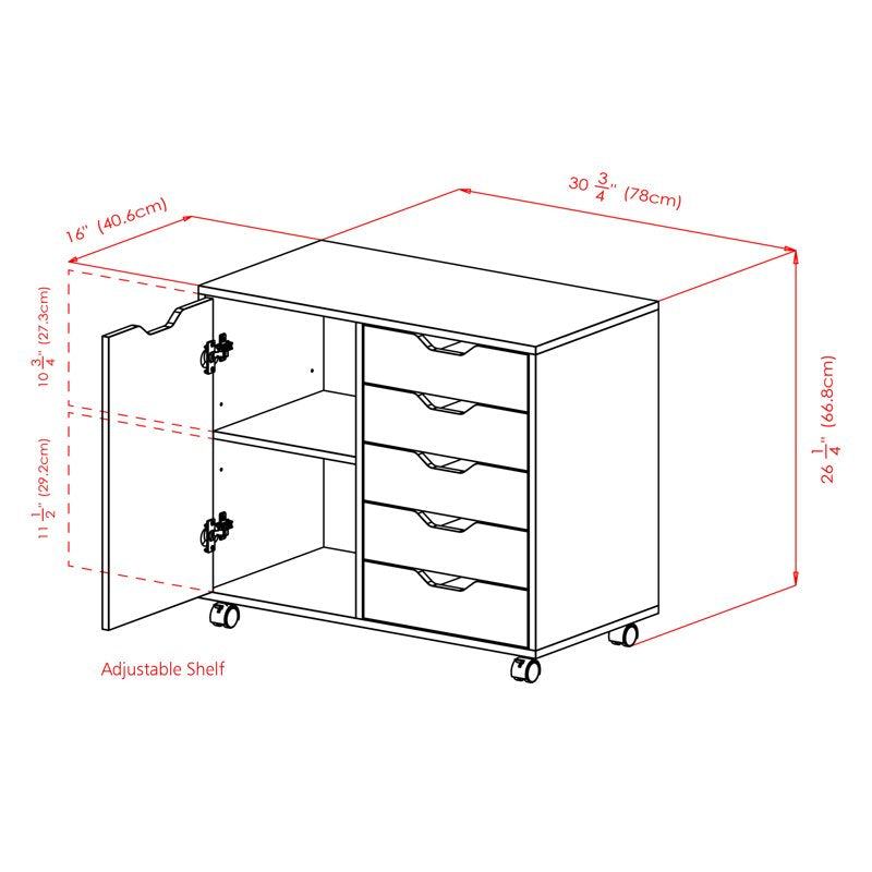 Mobile Storage Cabinet with 5 Drawers and Adjustable Shelf — White Finish