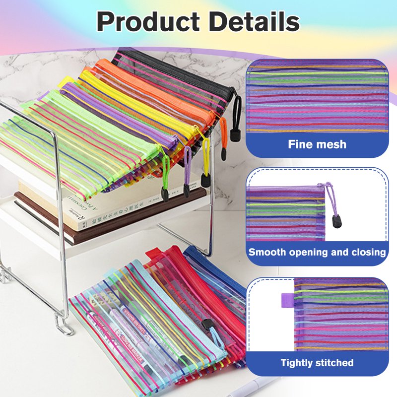 Mesh Zipper Pouch Bags Set - Waterproof Small Storage Organizers, 10 Colors