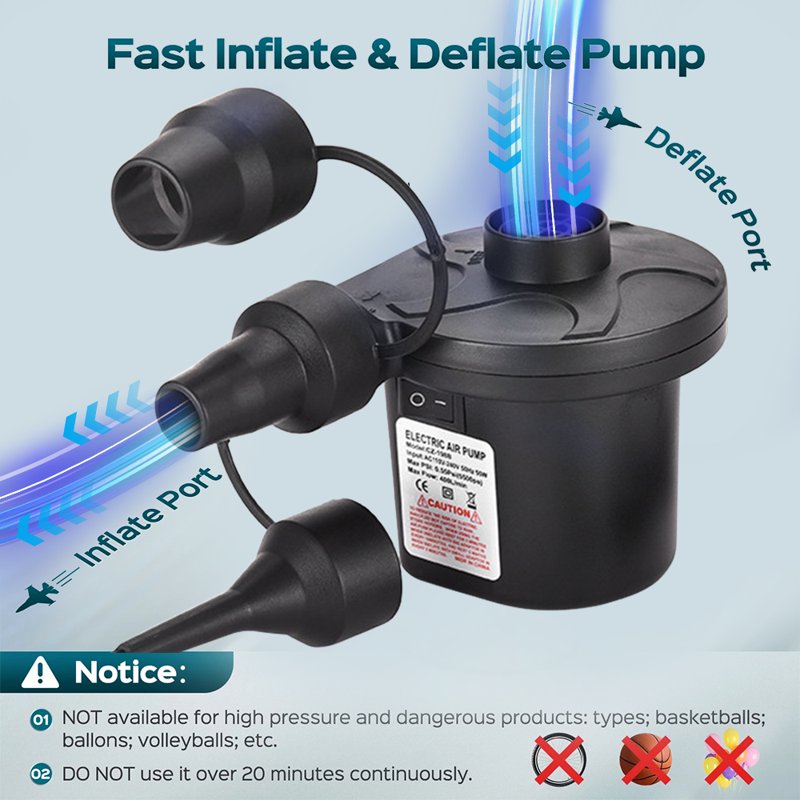 Portable Electric Air Pump with 3 Nozzles for Inflatables Black