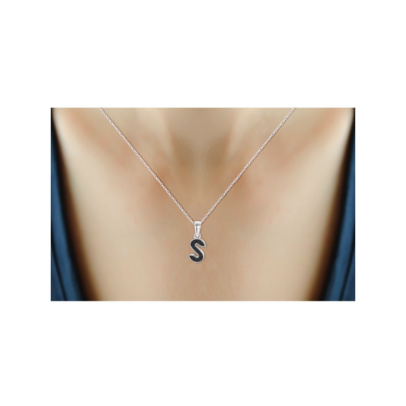 Sterling Silver Initial Pendant with Black Diamond Accent - 18" Chain