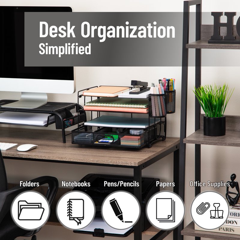 Mesh Desk Organizer with 3 Trays, Drawer & Pen Holders, Black Office Storage