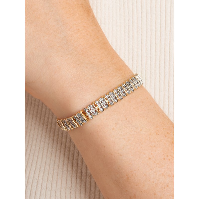 Gold Plated Silver S Link Tennis Bracelet with Diamond Accents 7.25"