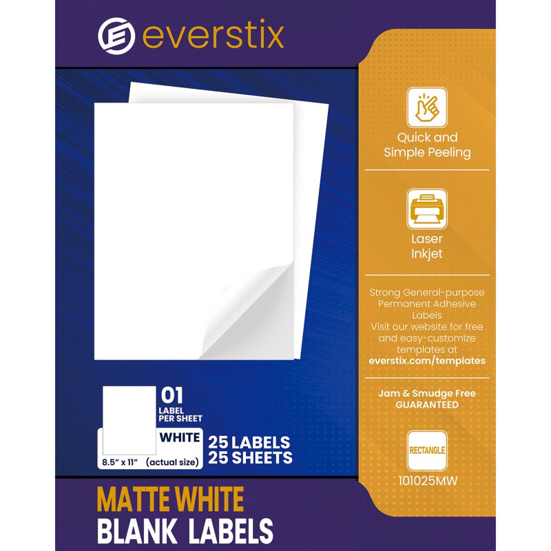 Printable White Label Paper Sheets for Laser & Inkjet Printers - 8.5 x 11 Inch, Full Sheet Labels, Bulk Pack
