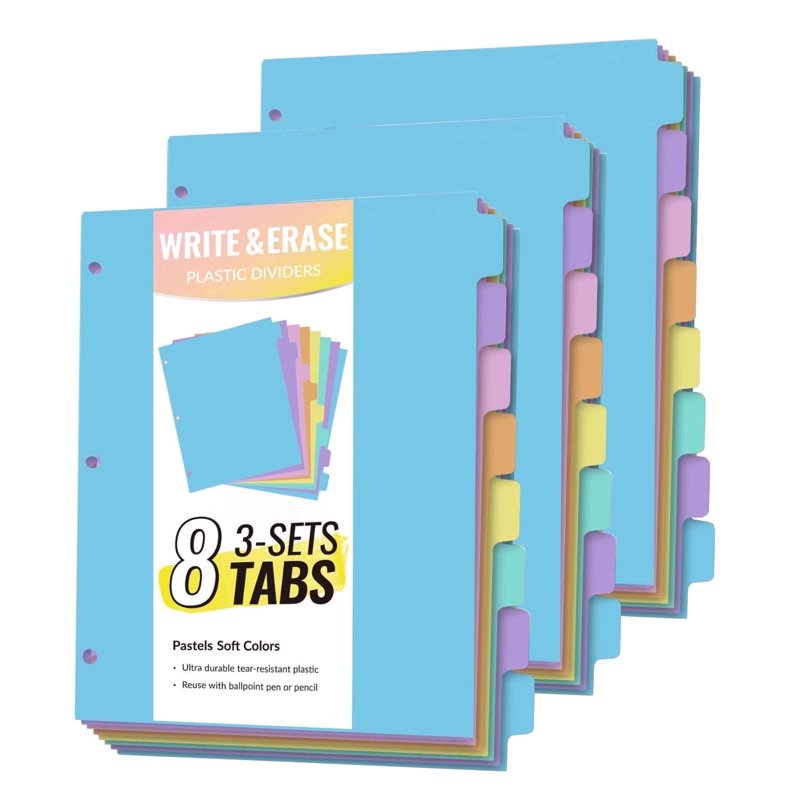 24 Pack Plastic Binder Dividers with Pockets & Tabs for 3 Ring Notebooks