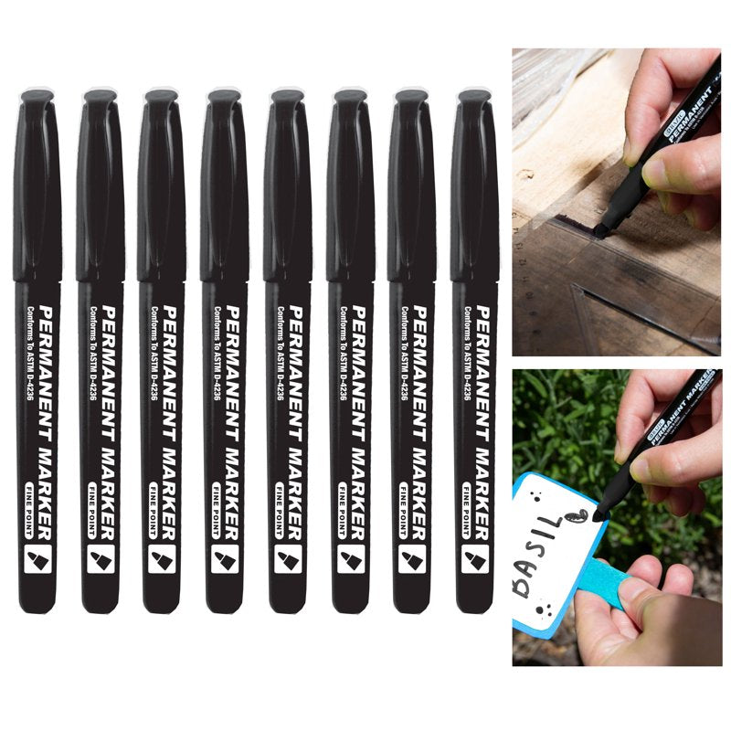 8 Black Waterproof Permanent Markers Fine Point Non Toxic Water-Resistant