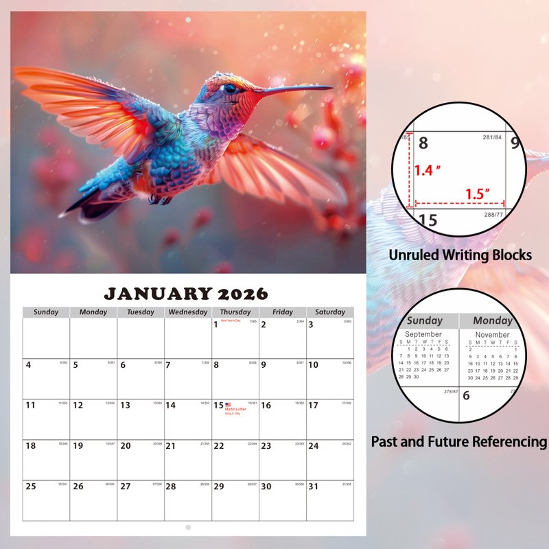 2026-2027 Wall Calendar with Ruled Blocks Holiday Notes - 12x9 Inch Desk & Wall Planner