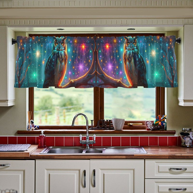 Light Filtering Tier Curtains Set with Owl and Star Design, 2 Panels