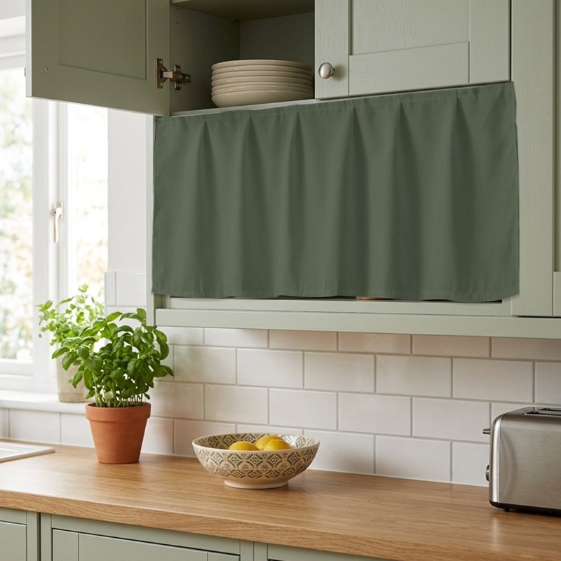 Deep Green Kitchen Cabinet Curtain Set with Magic Tape - Rustic Under Sink Privacy Panel