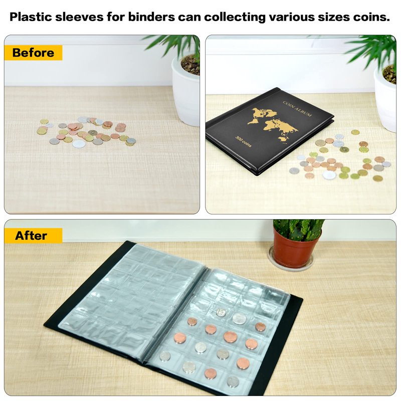 Coin Collection Book Holder Album with 300 Pockets for Collectors - Black/Blue