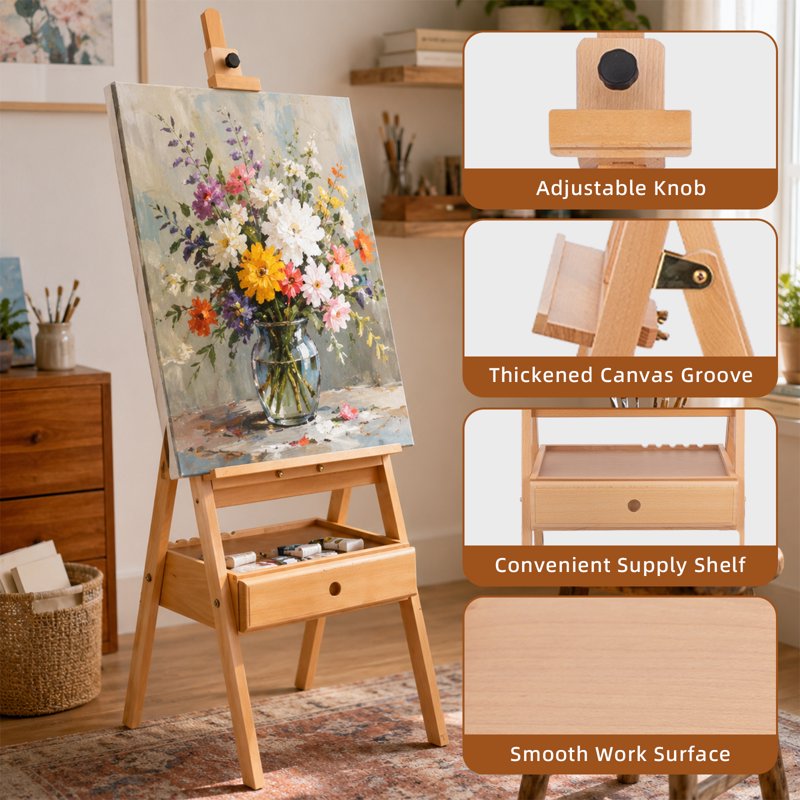 Adjustable Artist Easel with Storage Drawer - Studio Beechwood Stand for Canvases Up to 35 Inch