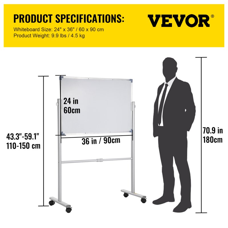 Magnetic Double-Sided Whiteboard with Adjustable Height & Mobility