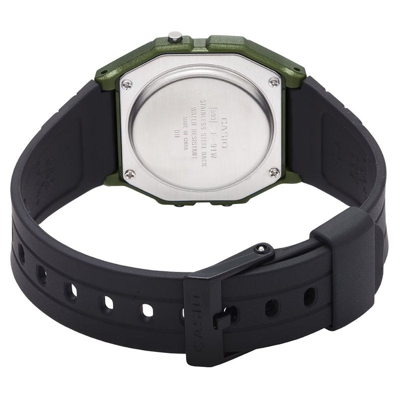 Digital Watch for Men Casual Waterproof F91WM-3A Black Green Resin