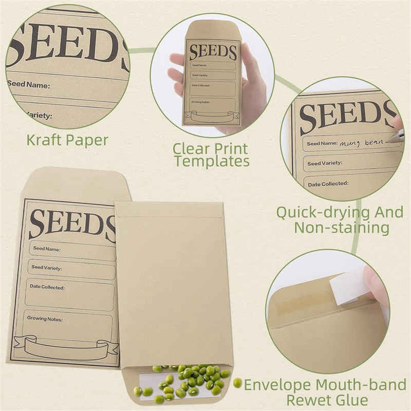 Self Sealing Kraft Seed Packets Envelopes - 100 Pack Small Seed Storage Bags