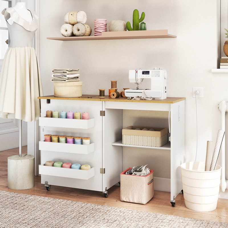 Folding Sewing Table with Storage Bins & Charging Station - Portable Craft Desk