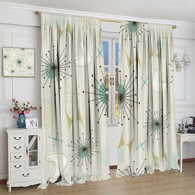 Mid Century Retro Curtains Set - Atomic Pattern Window Treatments for Bedroom & Living Room