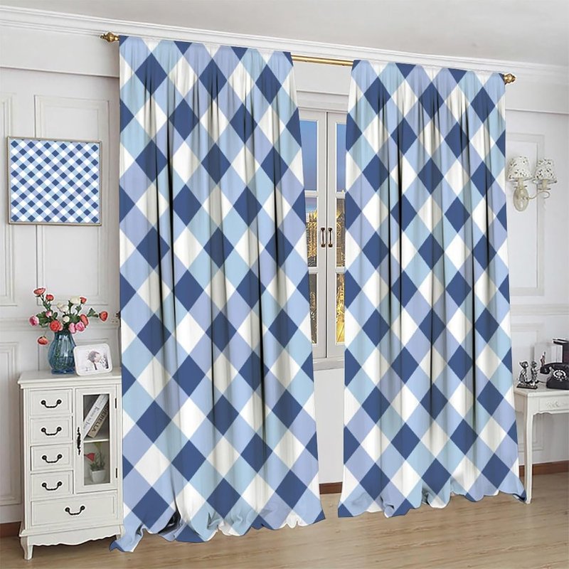Plaid Curtain Set - Dark Blue & White Checkered Insulated Window Drapes, 2 Panels, 42 x 54 Inches