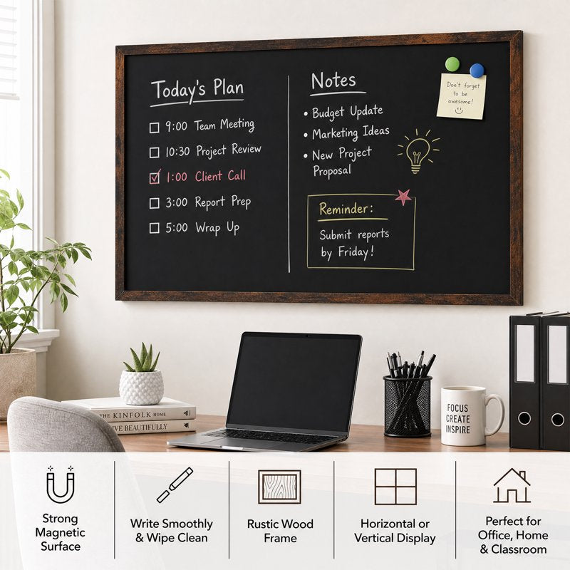 Magnetic Wall Chalkboard with Rustic Wood Frame, 36 x 24 Inches