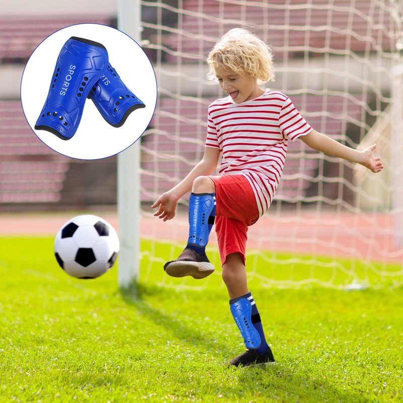 Kids Soccer Shin Guards with Socks Set - 2 Pairs Calf Protection, Blue & Black