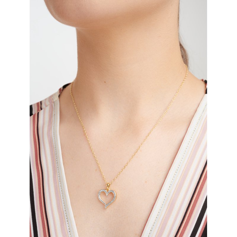 Open Heart Pendant Necklace with Diamond Accent - Silver or Gold Tone, 18 Inch
