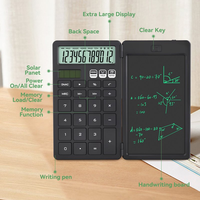 Basic Pocket Calculator with Erasable LCD Notepad for Students, Foldable Portable Design