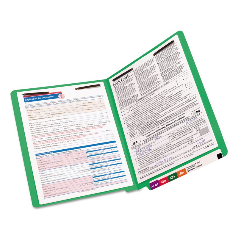 Color End-Tab File Folders with Fasteners - Letter Size, Green, Pack of 50