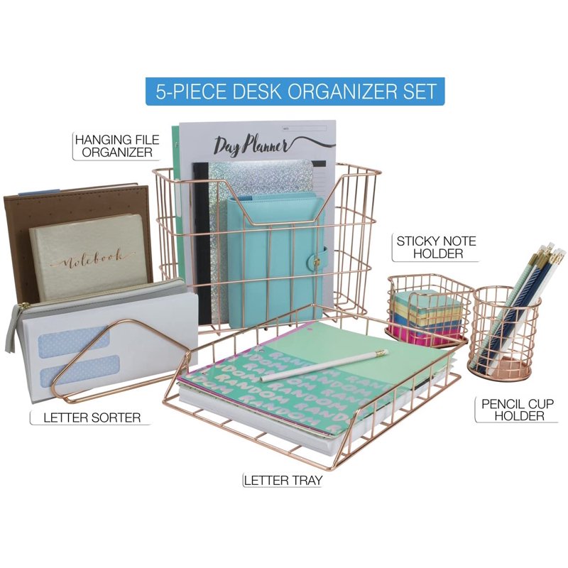 5-Piece Metal Desk Organizer Set with Copper Finish for Home Office Storage