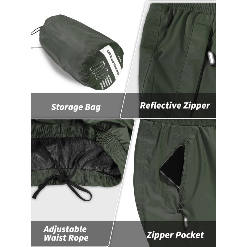 Off Road Ventures Men's Rain Pants Waterproof Windbreaker - Dark Green, 36x30