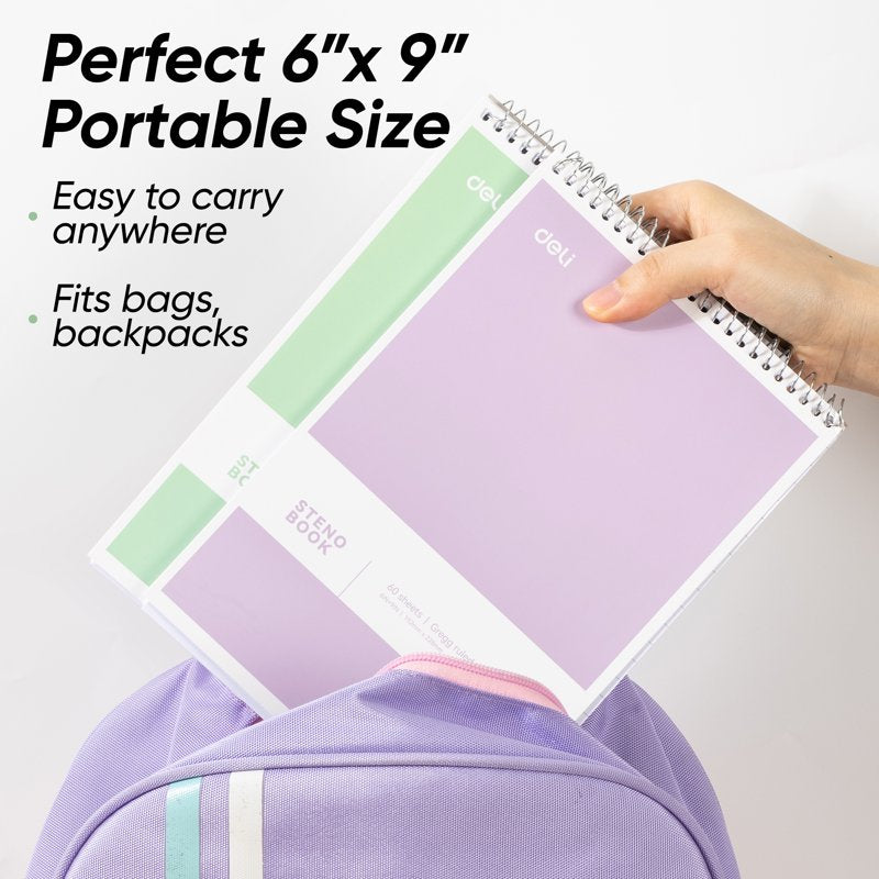 Spiral Steno Pad with Gregg Ruled Paper, 6x9 Inch, 60 Sheets, Assorted Pastel Colors