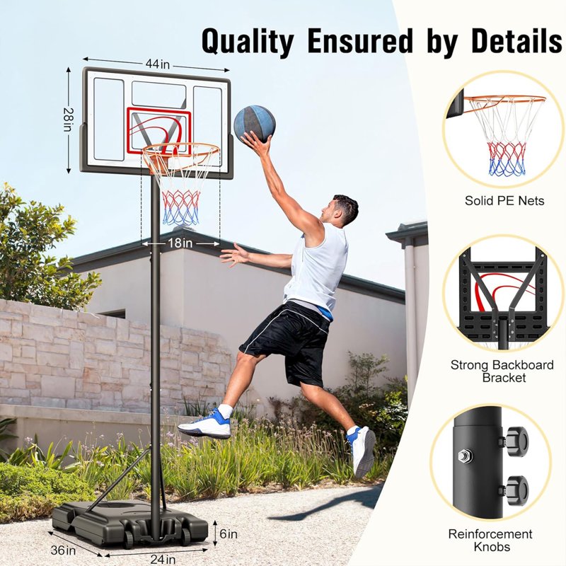 Portable Adjustable Basketball Hoop System - 44-Inch Backboard, 4.43-10ft Height, Outdoor Youth & Adult