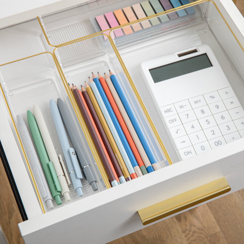 Stackable Drawer Organizers Set of 5 with Gold Trim - Clear Plastic, Various Sizes