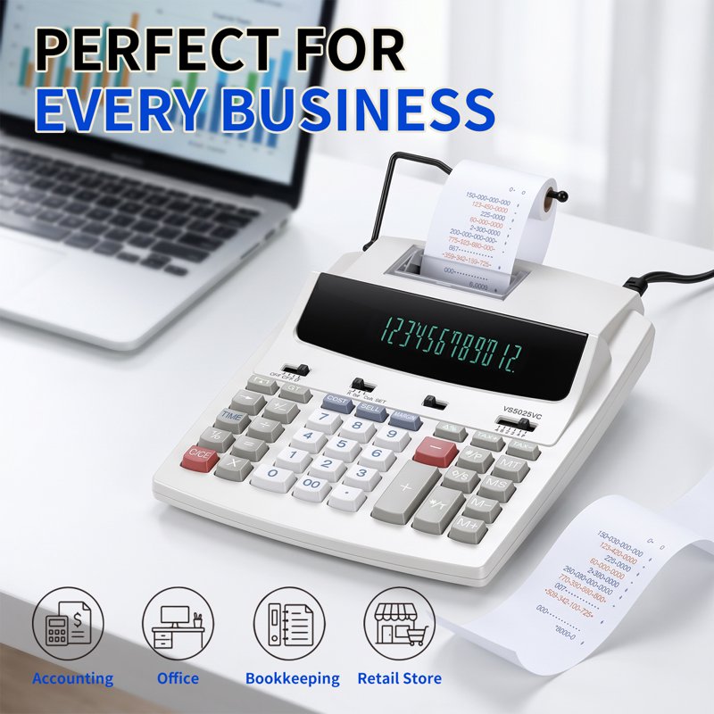 12-Digit Business Printing Calculator with Thermal Printing & Fluorescent Display