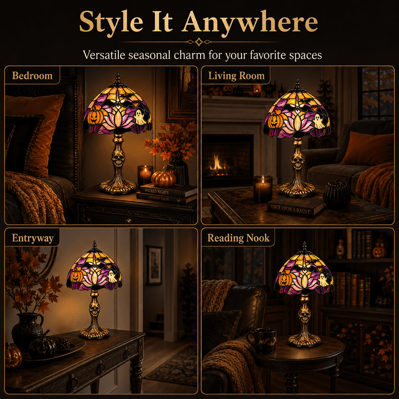 Halloween Tiffany Style Stained Glass Lamp with Skeleton Base Spooky Decor 11 Inch