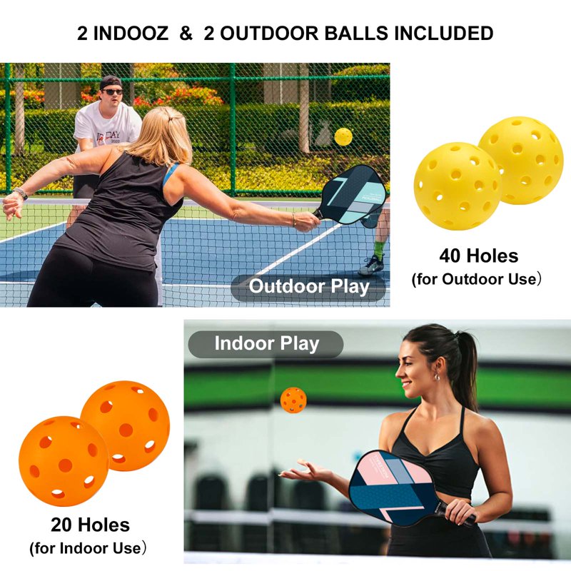 Pickleball Paddles 4-Pack with 4 Balls & Carry Bag - Lightweight 7.9 oz Fiberglass Racket, Non-Slip Grip (Green) - For Men & Women