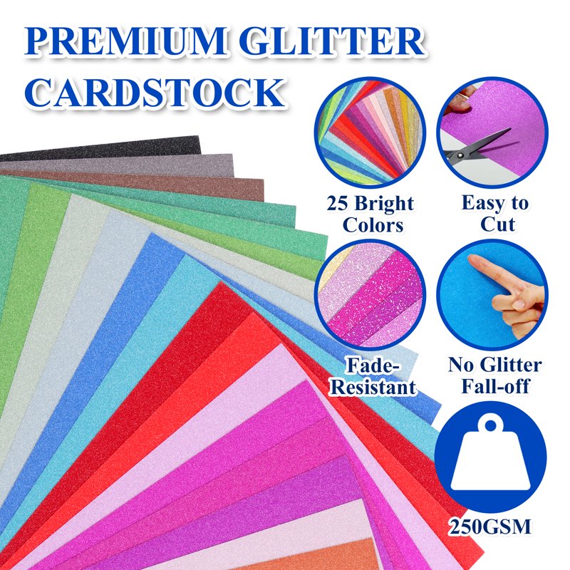 Glitter Cardstock Paper Set - 25 Colors, 60 Sheets, 8.5x11 Inch, 250GSM for Crafts & Scrapbooking