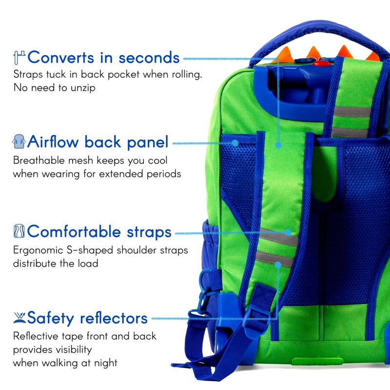 Kids Rolling Backpack with Convertible Carrying & Wheels - Dinosaur Giraffe Unicorn Penguin Variants