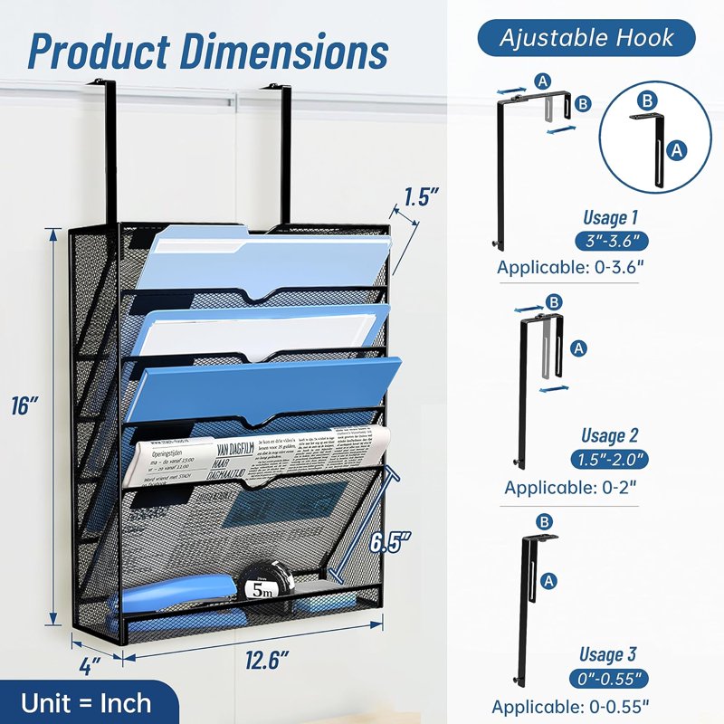 Metal Wall File Organizer 6-Tier Hanging Paper Storage with Hooks