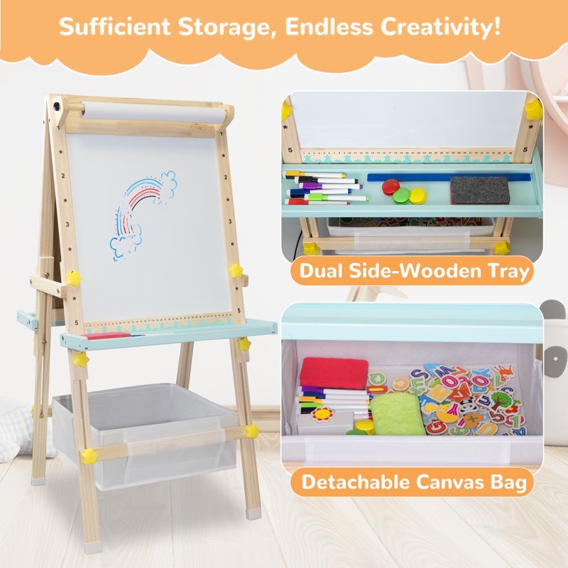 Kids Art Easel with Paper Roll Double-Sided Adjustable Drawing Board with Accessories