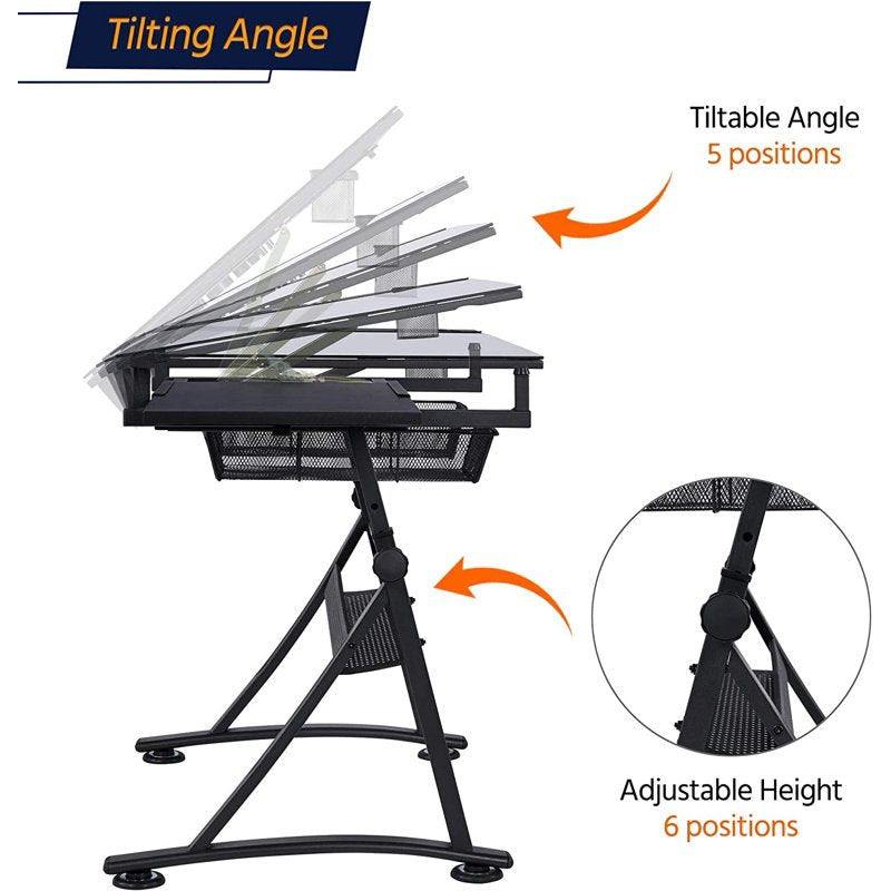 Adjustable Drafting Table with Stool and Storage Drawers - Art Craft Workstation